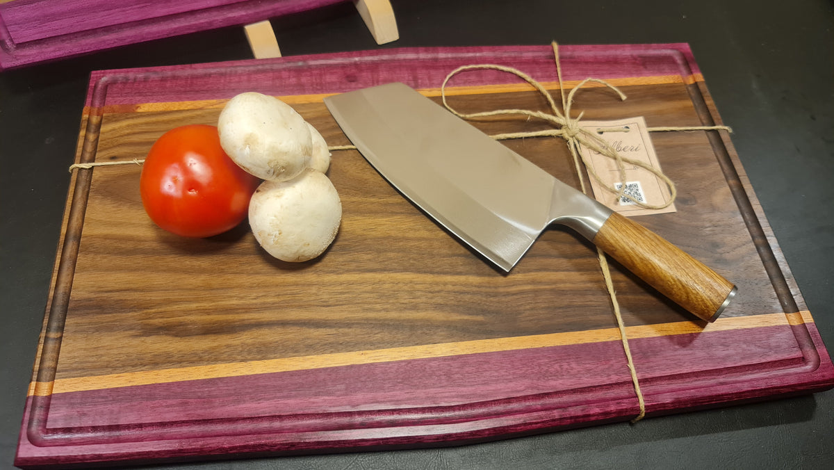 Skärbräda i valnöt, mahogny och purpleheart