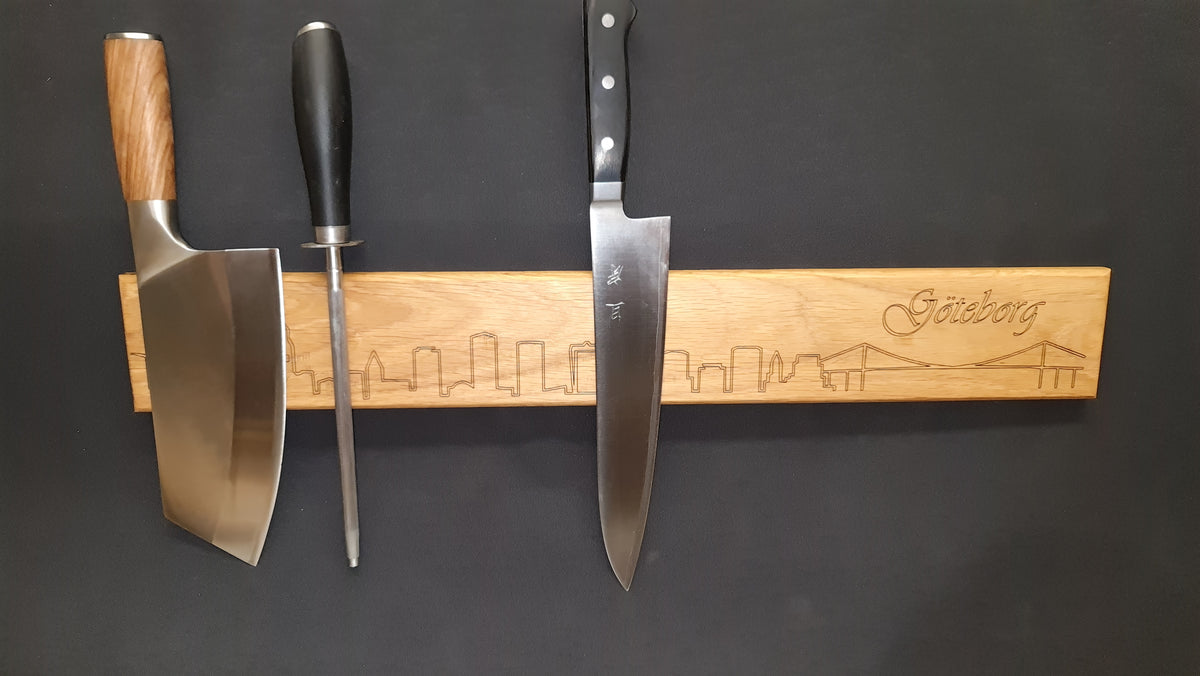 Magnetisk knivhållare med lasergravyr Göteborg skyline
