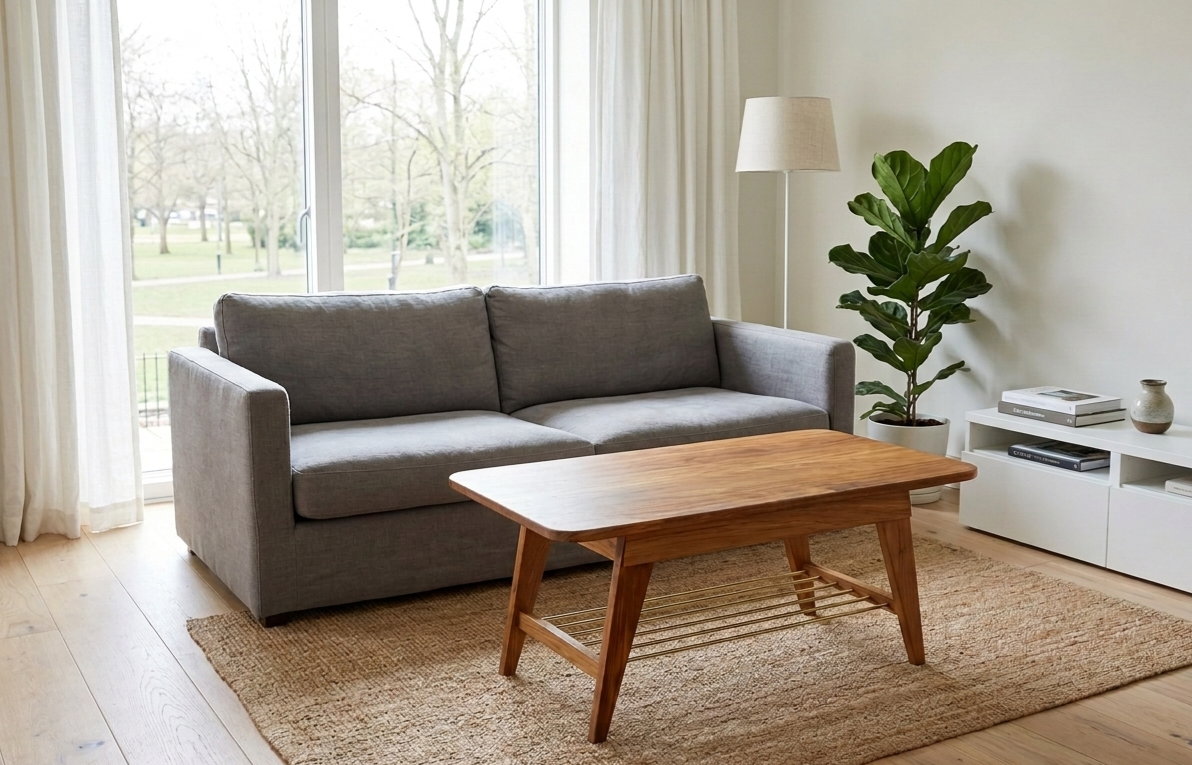 Handgjort soffbord i massiv teak med eleganta mässingsdetaljer från Alberi, tidlös skandinavisk design i hemma miljö