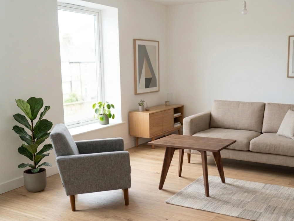 Handgjort soffbord i massiv valnöt med tidlös skandinavisk design av Christian B från Alberi i hemma miljö