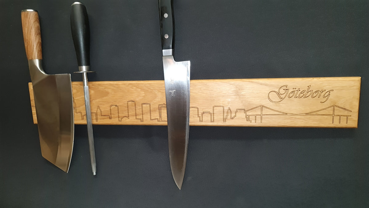 Magnetisk knivhållare med lasergravyr Göteborg skyline