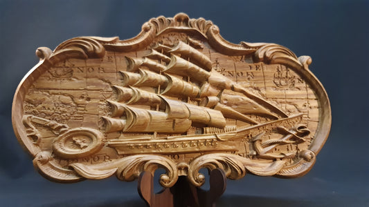 3D relief tavla, skulptur i trä Old ship